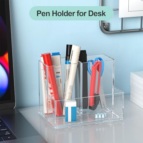 Image of Clear Pen Holder for Desk, Small Acrylic Pencil Holder, Compact Makeup Brush Holder Organizer for Vanity, Pen Pencil Organizer Cup, Office Desk Organizer and Accessories, 3 Compartment Design