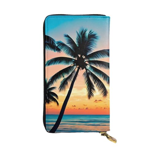 Sunset Ocean with Tropical Palm Trees Twilight Scenery Prints Leather Long Clutch Wallet for Fashionable Girls and Women - Durable, Stylish, and Functional, Black, One Size