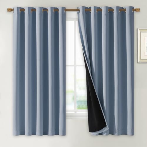 Image of NICETOWN 100% Blackout Lined Curtains, Vintage Blue, 1 Pair, 70 inch Width x 63 inch Length Each Panel, 2 Thick Layers Completely Blackout Window Treatment Thermal Insulated Drapes for Kitchen /Bedroom