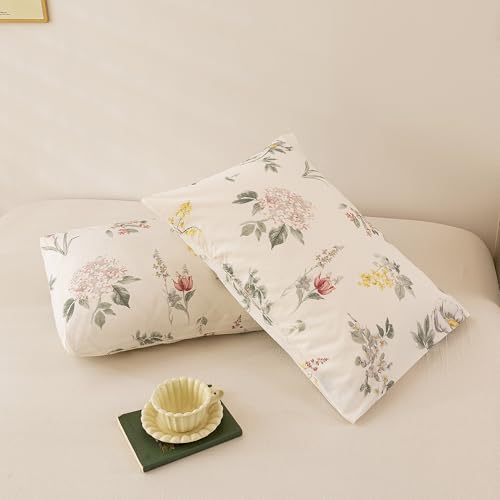 Image of ECOCOTT Floral Pillowcases King Size Set of 2, 100% Washed Cotton Pillow Cases with Envelope Closure, Vintage Botanical Flower Printed Pillow Covers
