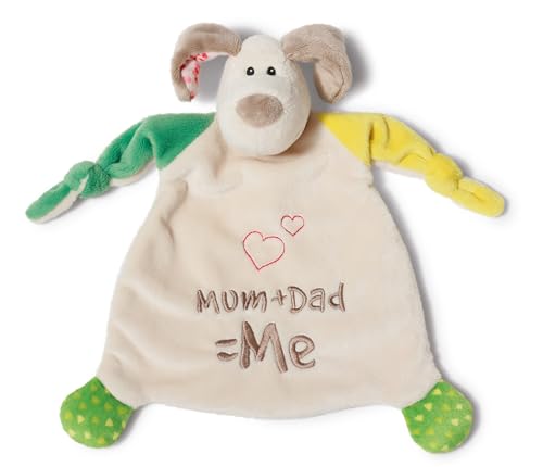 NICI Schmusetuch Hund ‚Mum+Dad=Me´ 25x25 cm – Hund Schnuffeltuch ab 0+ Monaten – Kuscheltuch für Babys & Kleinkinder – Baby Kuscheltier / Schnuffeltuch – Baby Schmusetuch für Mädchen & Jungen – 40037