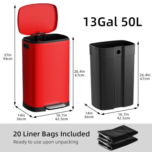 Image of KUK 13 Gallon Kitchen Trash Can with Lid, 50L /13Gal Office Step Garbage Can for Home, Kitchen, Laundry Room, Office, Brushed Stainless Steel, Red