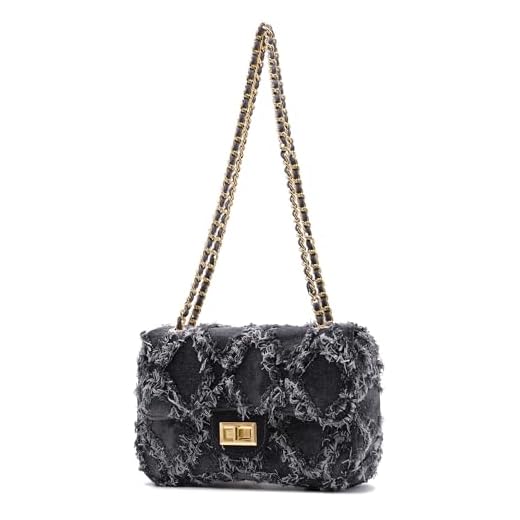 Milisente Bolsa de ombro feminina pequena bolsa jeans acolchoada com corrente e bolsas de mão ou transversal para festa formal à noite, Preto, cinza