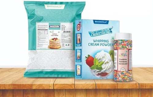 Bakersville Cake Decoration Kit (Combo Pack of Whipping Cream Powder, Vanilla Premix, Rainbow Vermicelli)