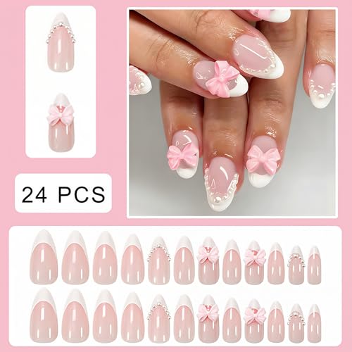 White French Press on Nails - Medium Almond Glossy Design