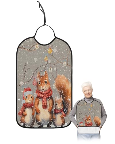 Adult Bibs for Elderly Women - Grey Squirrels Christmas Waterproof Dining Clothing Protectors with Crumb Catcher for Eating/Feeding, Xmas Tree Balls Winter Snowflake Terry Cloth Bib Machine Washable