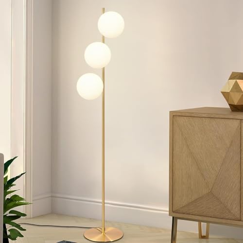 ZMH Stehlampe Wohnzimmer Modern Stehleuchte - 3 flammige Gold E27 Design Standleuchte mit Fußschalter Metall aus Glaskugel Bodenlampe für Schlafzimmer Büro Hotel - Ohne Leuchtmittel