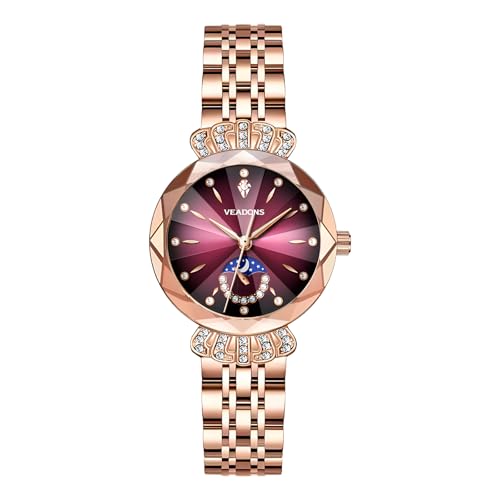 BOGEVNOR Diamond Watches for Women Luxury Ladies Moon Phase Wrist Watch, Women's Quartz Analog Watch Waterproof Stainless Steel Dress Watch Elegant Jewelry Wristwatch for Woman(Purple)