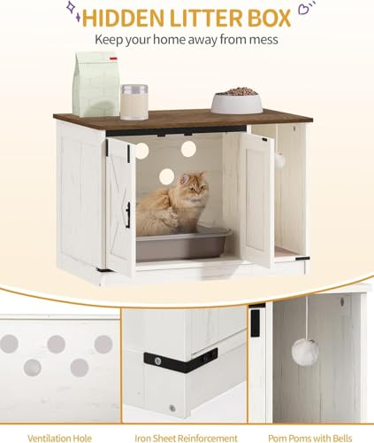 Cat Litter Box Enclosure, Hidden Litter Box Cabinet Furniture with Bell, Indoor Cat House, Farmhouse Style, 31.5 x 19.7 x 20.9Inches, for Hallway, Bedroom, Rustic Brown and White CB82414X