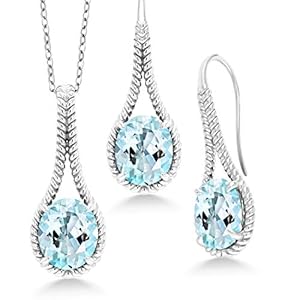 Gem Stone King 925 Sterling Silver Oval Sky Blue Topaz Pendant and Earrings Jewelry Set For Women (18.00 Cttw, Gemstone Birthstone, With 18 inch Chain)