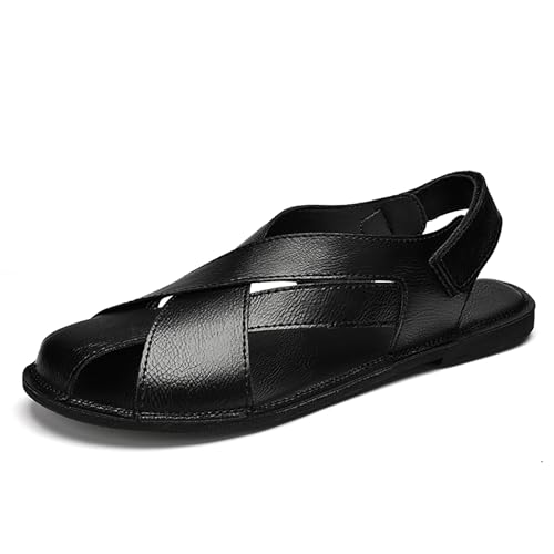 Image of Men's Genuine Leather Hook Loop Fisherman Sandals Hollow Out Breathable Lightweight Slip On Closed Toe Summer Casual Flat Sandals for Driving Walking Beach Shoes