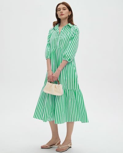 Image of EZAPINE Womens Babydoll Striped Shirt Midi Dress Puff Long Sleeve Collared Button Tunic Flowy Swing Dresses