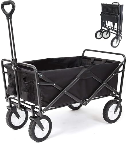 Collapsible Foldable Wagon, Beach Cart Large Capacity, Heavy Duty Folding Wagon Portable, Collapsible Wagon for Sports, Shopping, Camping (Black, 1 Year Warrant)
