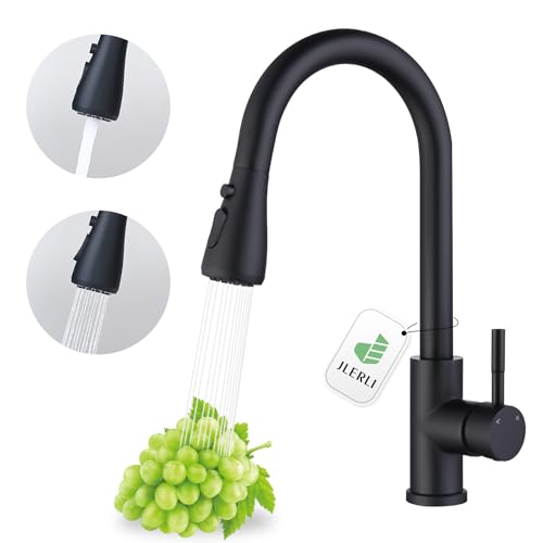 Jlerli Kitchen Faucet with Pull Down Sprayer, Matte Black High Arc Single Handle Bar Sink Faucet, Stainless Steel, 3 Mode, Grifos para Fregaderos de Cocina