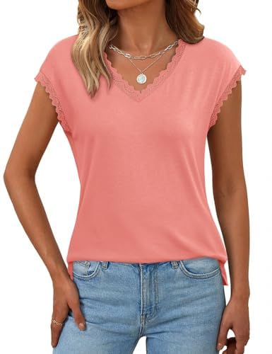 JUSTFASHIONNOW Cap Sleeve V Neck Shirts for Women Dressy Casual Work Blouses Side Split Tank Tops Cute Summer Tops 2026 Trendy(Coral,Small) — view 2