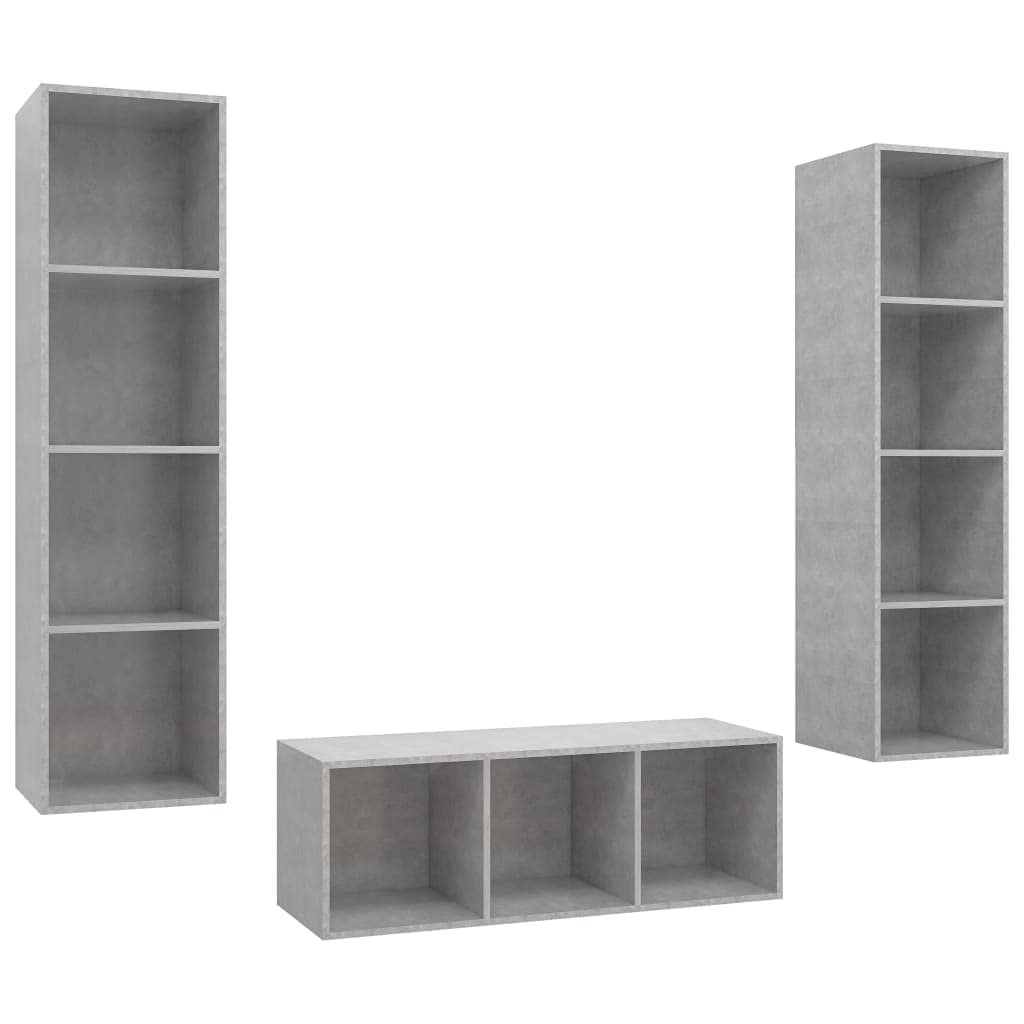 3-TLG. TV-Schrank-Set Betongrau, Holzwerkstoff, Hängend, Modernes Media-Center für Wohnzimmer und Schlafzimmer, Stilvolle Aufbewahrung