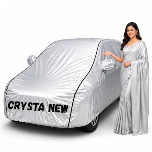 Image of Waterproof Car Body Cover for Crysta New All Weather Protection Comes with Inner Cotton Lining & Triple Stitched with Mirror & Antenna Pocket Belt & Elastic Fit Metallic Silver with Black Piping