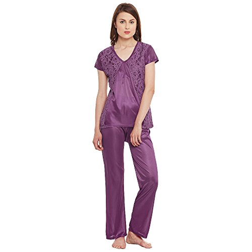 Image of Claura Stylish Women Satin Night Suit with Lace Work Pyjama Set