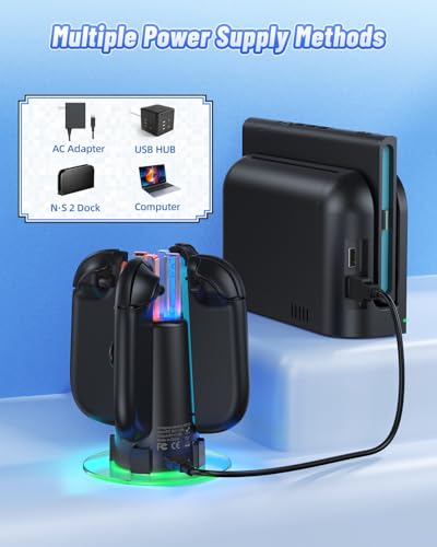 Image of [Switch 1 /2 Compatible] FASTSNAIL Charging Dock for Nintendo Switch 2 /1 for Joycon 2, 8 in 1 Fast Controller Charger Station with 9 RGB Light, Dual-Direction Magnetic Stand for Joycon Accessories