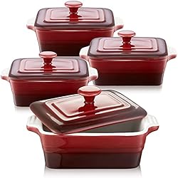 Mini Cazuelas Con Tapa LOVECASA Moldes de Cerámica con Tapas, Juego de 4 Moldes para Soufflé Platos para Creme Brulee Postre Mini Cazuela 320ML Color Degradado Rojo