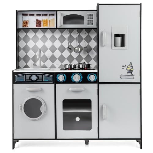 GOPLUS Cocina de Juguete para Niños, Cocinita Infantil de Madera con Luces y Sonidos, Hielera, Estufas, Fregadero, Horno, Microondas, Lavadora, Juguete de Chef para Niños de Edad 3+ (Gris)