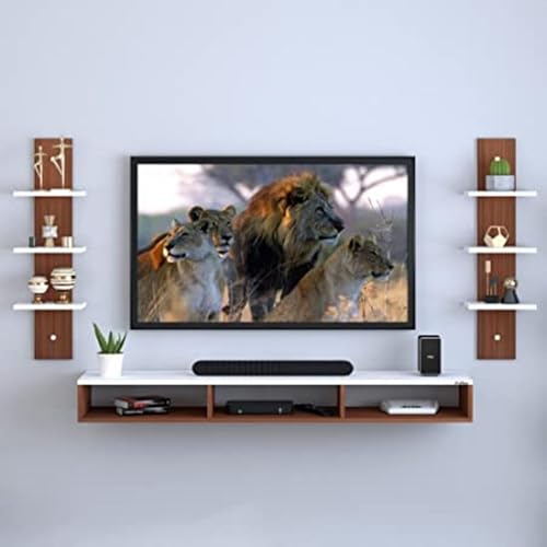 Image of Wooden TV Stand with Side Storage Cabinets | Floor Standing Entertainment Console (Natural Finish)
