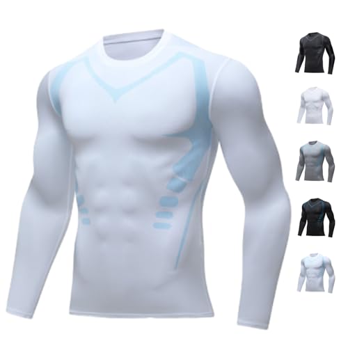 Vitrumite Compression Shirt, Long Sleeve Compression Shirts for Men, Quick-Drying Breathable Slim Fit Training Clothing (US, Alpha, Medium, Regular, Regular, B-White)