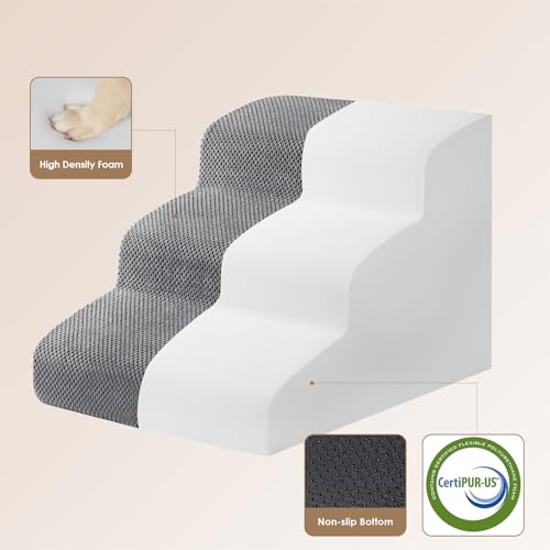 EHEYCIGA Hundetreppe für Kleine Hunde 40 cm Hoch, Haustiertreppe für Sofa Bett, Treppe für Hunde aus Hochdichtem Schwamm, Hunderampe mit Waschbarem Bezug und Rutschfestem Boden, 3 Stufen, Grau