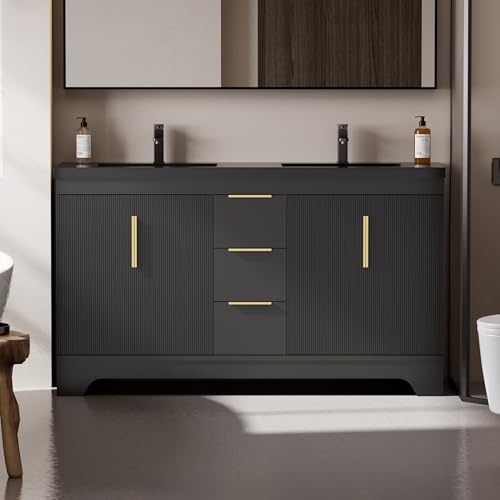 eclife 60" Bathroom Vanity with Sink Combo, Modern Freestanding Painted Storage Cabinet with Fluted Doors, 3 Drawers, Undermount Black Dual Sink, Faucet, Drain, Black