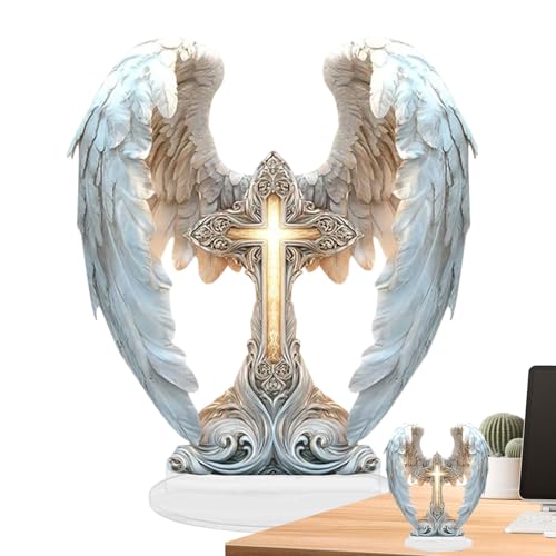 Genérico Figura De Ángel Cruz Con Alas Rezando,Decoración Espiritual De Cruz Con Alas De Ángel - Acrílico 2D Para Escritorio,Para Oficina Sala Dormitorio Oratorio Iglesia Estantería