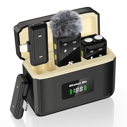 PQRQP Mini Microphone for iPhone, Android(Lightning/USB C), 80 H Battery Life, Hi-Fi Audio, 48kHz/24-bit, Wireless Microphones with Noise Cancellation for Video Recording, Streaming, 164ft Range