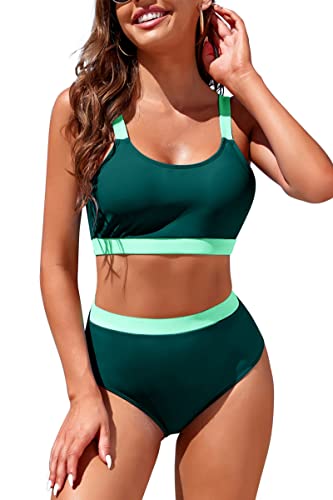 Image of Womens High Waisted Bikini Sets Sporty Crop Top Color Block Swimwear Bandeau Scoop Neck Vintage Two Piece Bathing Suits