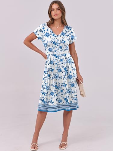 Image of ANRABESS Women Summer Dress Casual Short Sleeve V Neck A-Line Knee Length Pleated Flowy 2026 Fashion Midi Dresses with Pocket