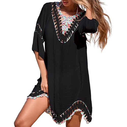 Generisch Vestido de playa de ganchillo para verano, holgado, tallas grandes, Negro , S