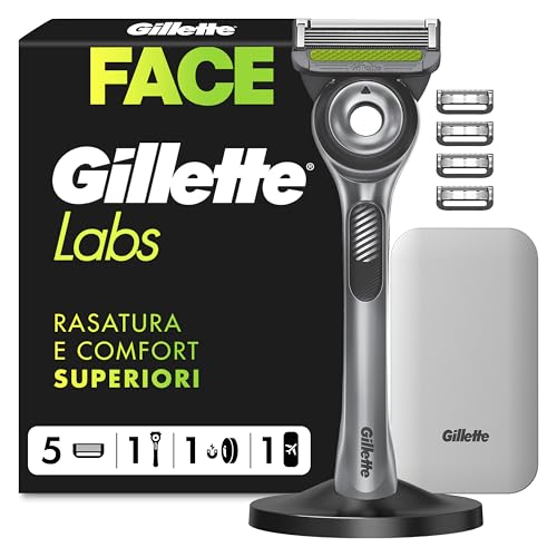 Gillette Labs Rasoio Uomo,con 5 Lamette da Barba di Ricambio, Base Magnetica e Barra Integrata Elimina Impurità Pelle,rasatura Facile,comfort Ottimale, Manico Confortevole, Custodia da Viaggio,grigio