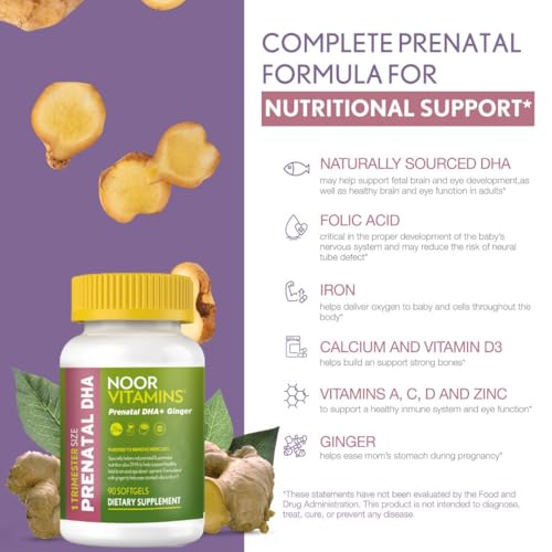 Image of Noor Vitamins Halal Prenatal Vitamins with DHA and Folic Acid, Essential Vitamins, Ginger to Soothe Mom's Stomach, Iron, Softgels, Prenatal Vitamin Before /During /Post Pregnancy (3 Months Supply)