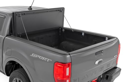 Image of Rough Country Hard Flip Up Truck Bed Cover for Ford Ranger (2019-2023) - Fits 5' (61 inch) Bed, Weather-Resistant, Tri-Fold Aluminum Panels