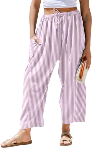 Image of TARSE Womens Linen Wide Leg Striped Pants Casual Barrel Loose Drawstring Low Waist Palazzo Harem Pants with Pockets, Rose White Stripe, XL