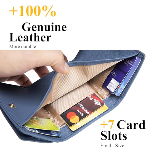 Image of Small Wallet Women Genuine Leather RFID Blocking Trifold Tiny Wallets with Snap Coin Pouch 7 Card Solts