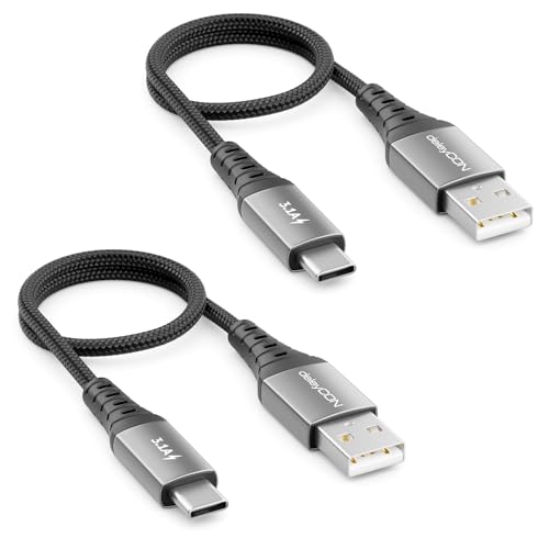 deleyCON Lot de 2 Câbles USB-C 0,30m Courts 3,1 A Câble de Charge et Données USB-A vers USB-C pour iPhone 17 16 15 Pro Max Air Galaxy A16 A56 S25 S24 S23...