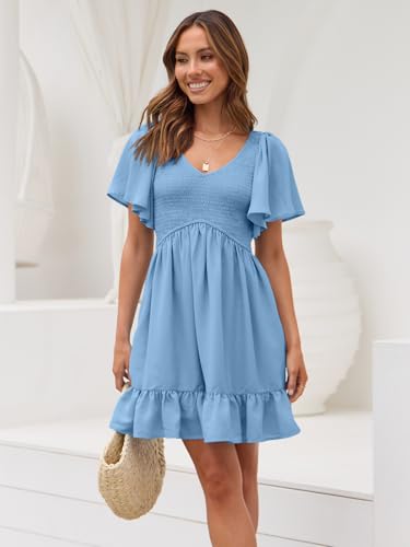 Image of LILLUSORY Women's Flowy Casual Mini Dresses 2026 Summer Graduation Smocked V Neck Vacation Dress Dress with Pockets