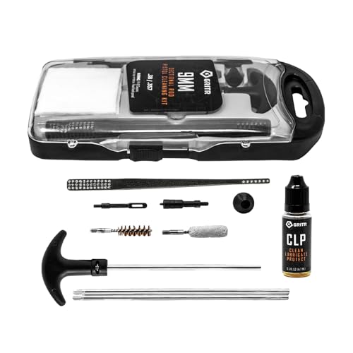 GRITR Sectional Rod Gun Cleaning Kit for All Guns - Gun Cleaning Supplies with Brushes, Patches & FP-10 Lubricant Elite CLP - Caliber-Specific for .38, .357, 9mm Handguns