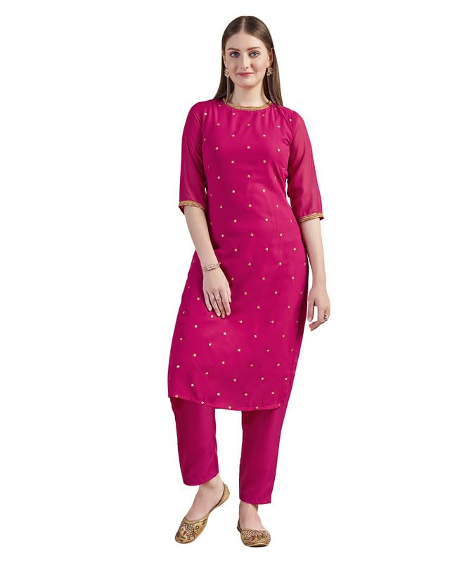 Image of Saanjh Women's Faux Georgette Embellished Printed Straight Kurta with Bottom||Kurta Set