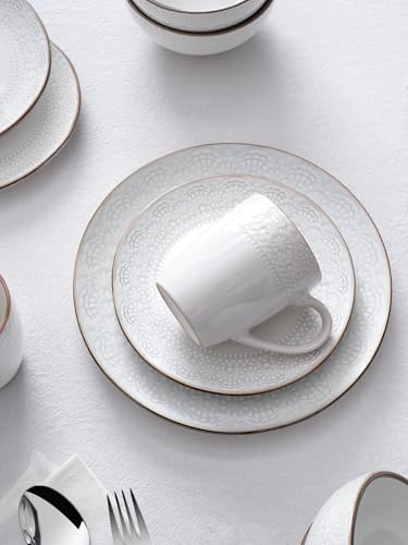 Famiware Eden White Floral Stoneware Dinnerware Set, 24PC, Gold Trim, Chip-Resistant, Microwave/Dishwasher Safe