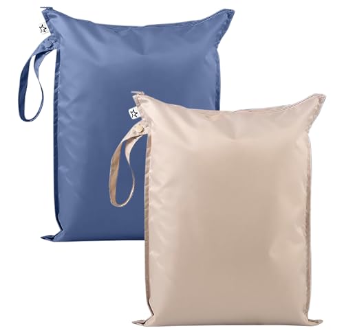Image of Tiny Twinkle Mess Proof Wet Bags | 2-Pack Reusable Waterproof Wet Bags for Swimsuits | Baby Clothes | Travel & Diaper Bag (Periwinkle,Pebble)