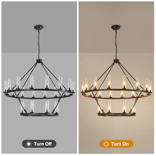 Image of 48 Inch Large Black Wagon Wheel Chandelier with Clear Glass Shade 2 Tier 24-Lights Round Pendant Light Farmhouse Industrial Chandeliers Dining Room Light Fixture for Stair Living Room Foyer