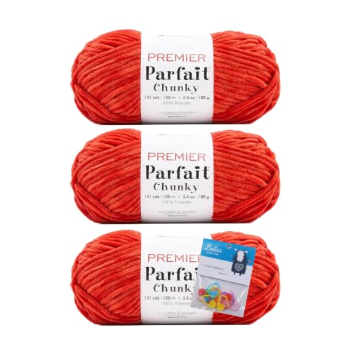 Image of Premier Yarns Parfait Chunky Chenille 3.5 Oz Super Bulky Weight 3 Pack Bundle with Bella's Stitch Place Holders (Pumpkin)