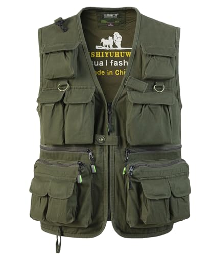 SUSHIMIAN Herren Outdoor Weste mit 16 Taschen Jagdweste Anglerweste Multifunktionsweste Arbeitsweste Sommer Safari Weste Fischerweste mit Reißverschluss, Grün, XL