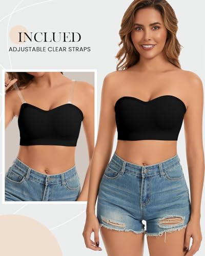 Image of WOWENY Strapless Bras for Women Bandeau Bra Wireless Non-Slip Silicone Seamless Padded Tube Top Bra