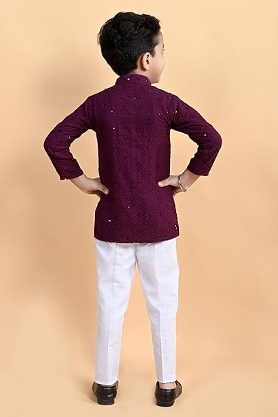 Image of Kid's Embroidery Printed Rayon Kurta-Pajama Set 3 /4 Sleeve V Neck Traditional Ethnic Wear for Boys